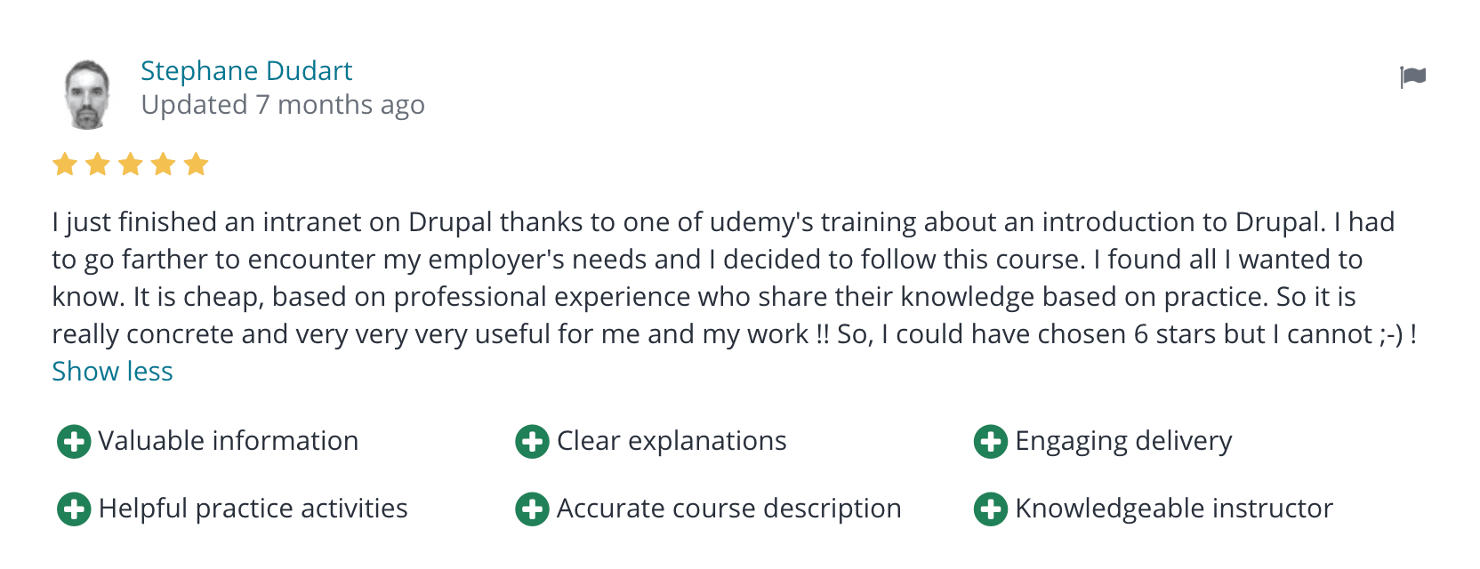Drupal 8 Views course testimonial.